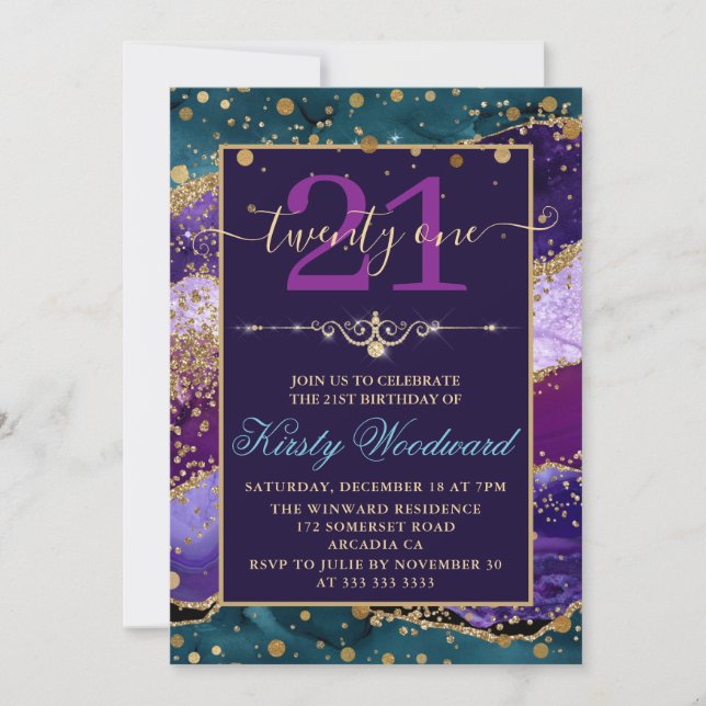 Invitation Turquoise & Purple & Faux Gold Parties scintillant (Devant)
