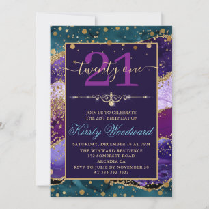 Invitation Turquoise & Purple & Faux Gold Parties scintillant