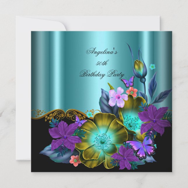 Invitation Turquoise Purple Floral Black Gold fête d'annivers (Devant)