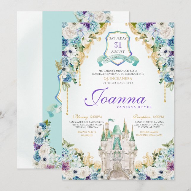 Invitation Turquoise Purple Princess Castle Royal Quinceanera (Devant / Derrière)