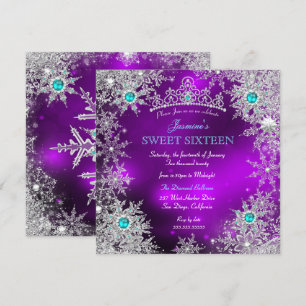 Invitation Turquoise Purple Winter Wonderland Sweet 16 Snowfl