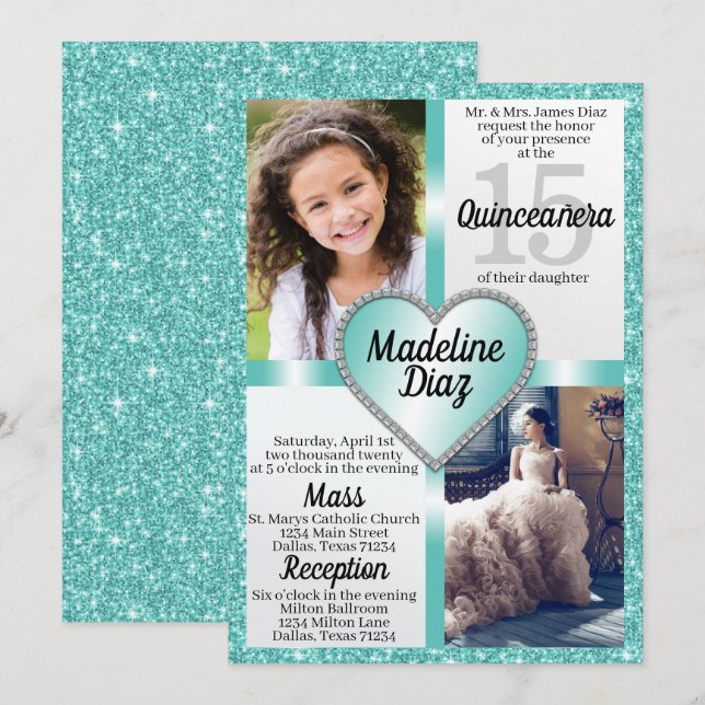 Invitation Turquoise Quinceañera 15 Cumpleaños (Devant / Derrière)