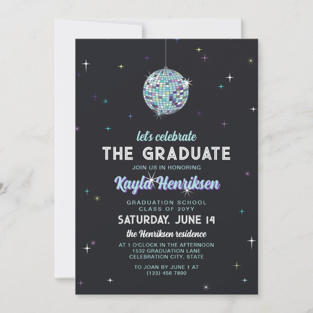 Invitation Turquoise Retro Discoball Flares Graduation Party (Devant)