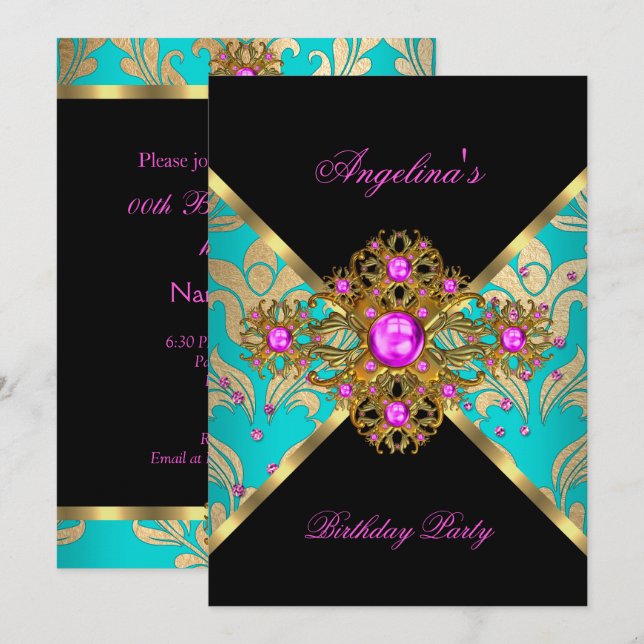 Invitation Turquoise rose or Damask Floral fête d'anniversair (Devant / Derrière)