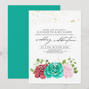 Invitation Turquoise rose rose rouge vert vert Mariage