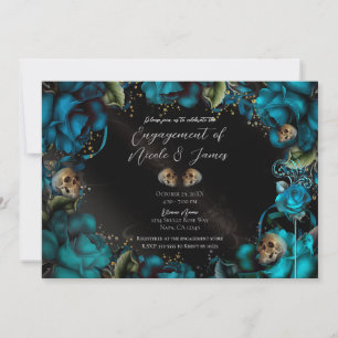 Invitation Turquoise Roses Crânes Gothique Alliance Mariage