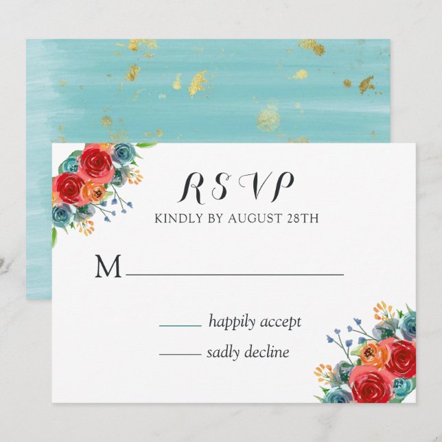 Invitation Turquoise rouge orange aquarelle Roses mariage RSV (Devant / Derrière)