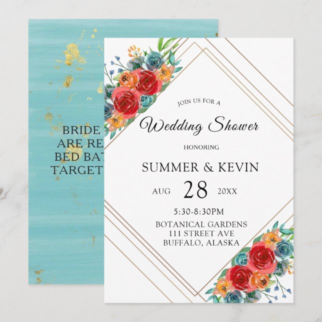 Invitation Turquoise rouge orange Rose Wedding shower (Devant / Derrière)