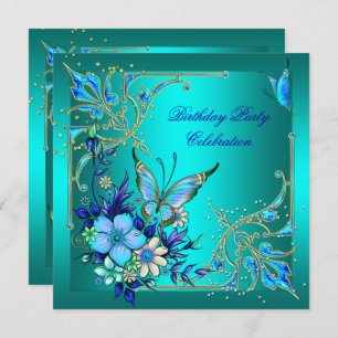 Invitation Turquoise Royal Blue Butterfly fête d'anniversaire