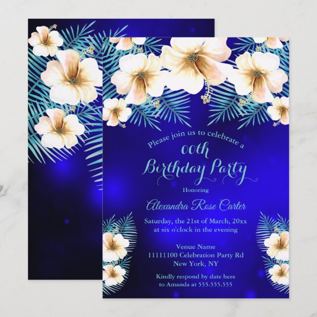 Invitation Turquoise Royal Blue Tropical Fête d'anniversaire (Devant / Derrière)