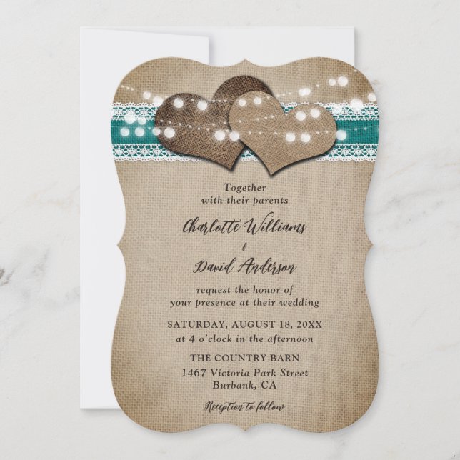 Invitation Turquoise Russe Pays Burlap Mariage dentelle (Devant)