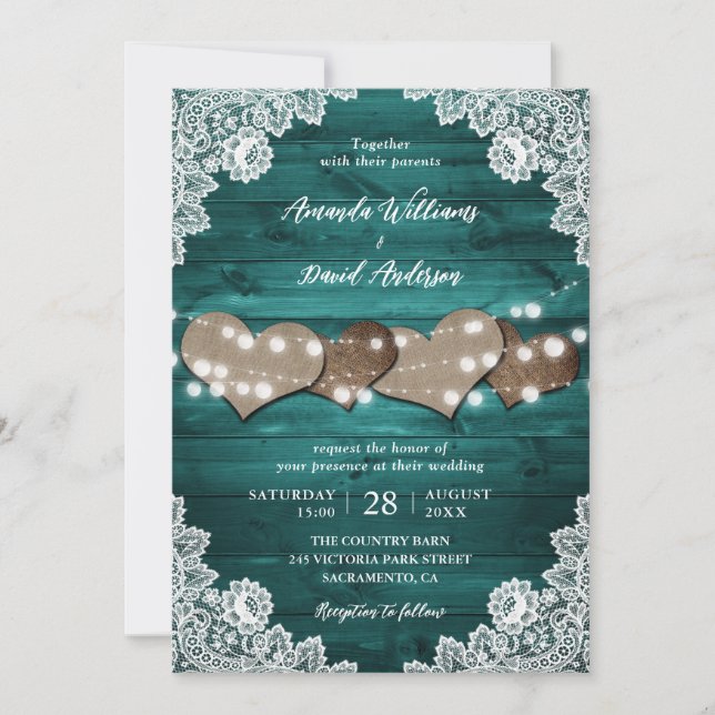 Invitation Turquoise Rustique Burlap Coeurs dentelle Mariage (Devant)