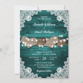 Invitation Turquoise Rustique Burlap Coeurs dentelle Mariage