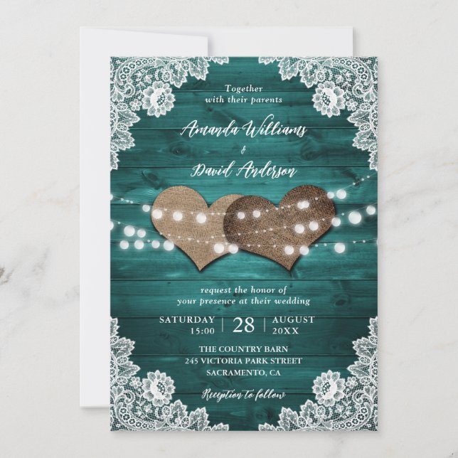 Invitation Turquoise Rustique Burlap dentelle lumière Mariage (Devant)