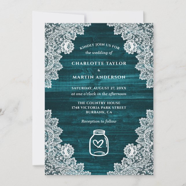 Invitation Turquoise rustique Pays Bois Mason Jar Mariage (Devant)