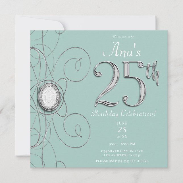Invitation Turquoise Silver Diamond 25 25e anniversaire fête (Devant)