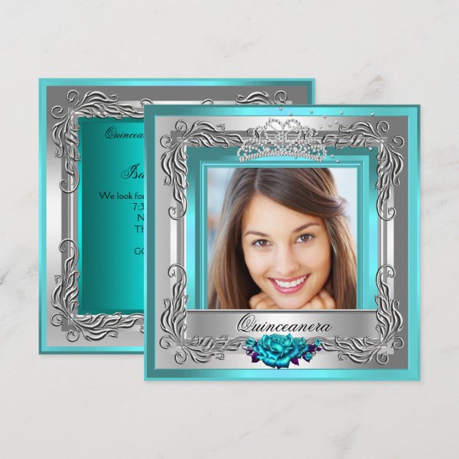 Invitation Turquoise Silver Roses Quinceanera 15ème Photo (Devant / Derrière)