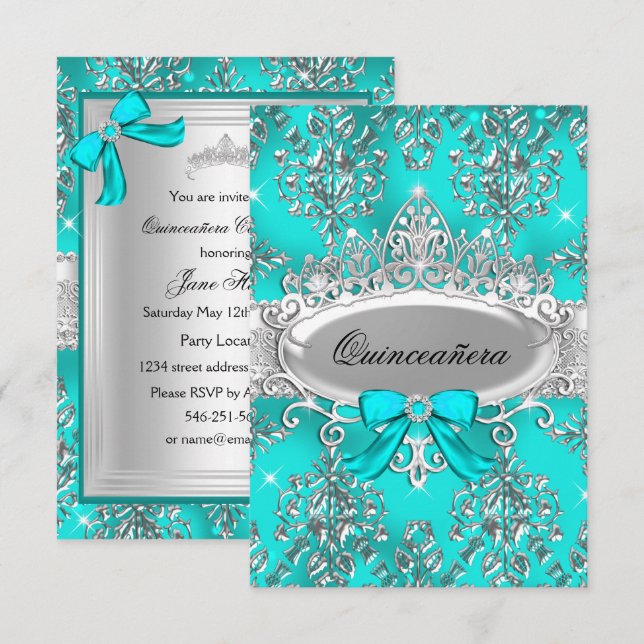 Invitation Turquoise Silver Tiara Damask Quinceanera Invitati (Devant / Derrière)