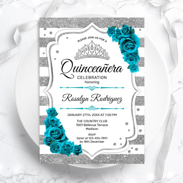 Invitation Turquoise Silver White Stripes Elegant Quinceanera (Créateur téléchargé)