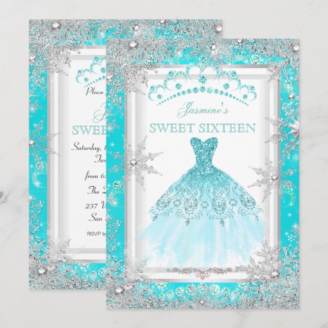 Invitation Turquoise Silver Winter Wonderland Sweet 16 Party (Devant / Derrière)