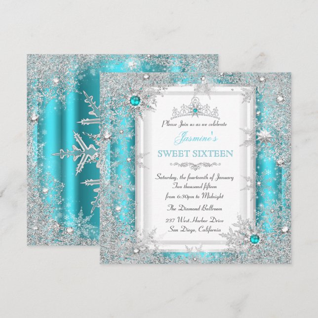 Invitation Turquoise Silver Winter Wonderland Sweet 16 Snowfl (Devant / Derrière)
