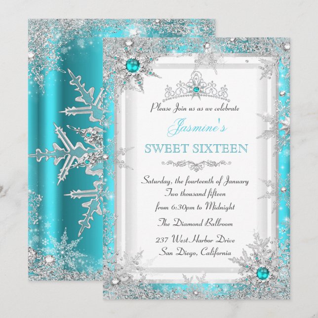 Invitation Turquoise Silver Winter Wonderland Sweet 16 Snowfl (Devant / Derrière)