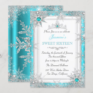 Invitation Turquoise Silver Winter Wonderland Sweet 16 Snowfl