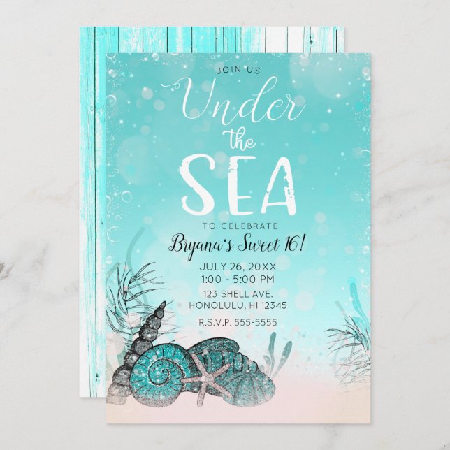 Invitation Turquoise sous le Sea Shells Beach Sweet 16 Party (Devant / Derrière)