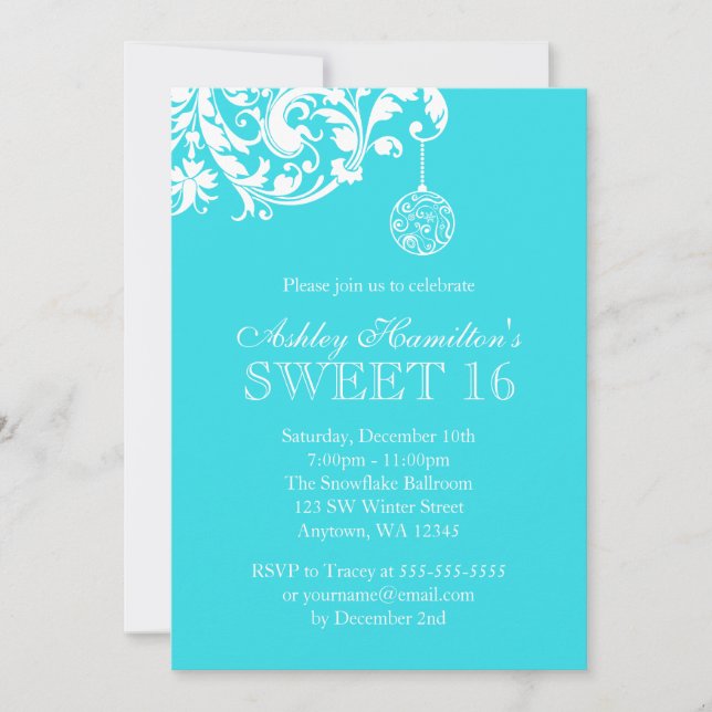 Invitation Turquoise Sweet 16 Winter Wonderland (Devant)