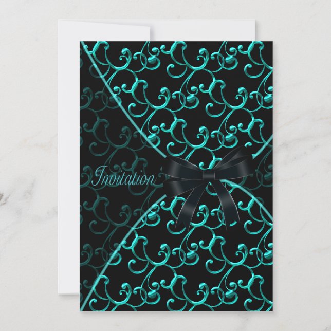Invitation Turquoise Swirls Black Party Modèle d'événement (Devant)