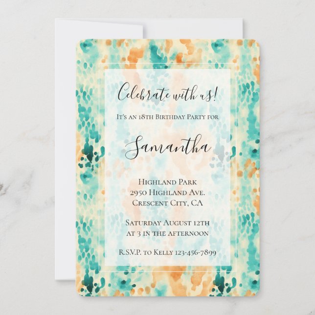 Invitation Turquoise Tangerine Animal Abstrait Anniversaire (Devant)