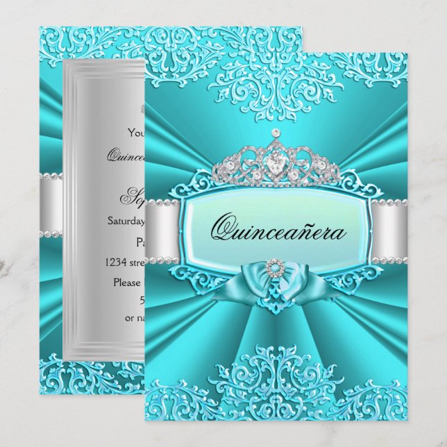 Invitation Turquoise Tiara Damask Quinceanera (Devant / Derrière)