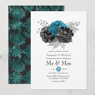 Invitation Turquoise - Turquoise Black and Silver Floral Mari