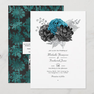 Invitation Turquoise - Turquoise Black and Silver Floral Mari