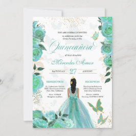 Invitation Turquoise Turquoise Bleu Rose Butterfly Quinceaner