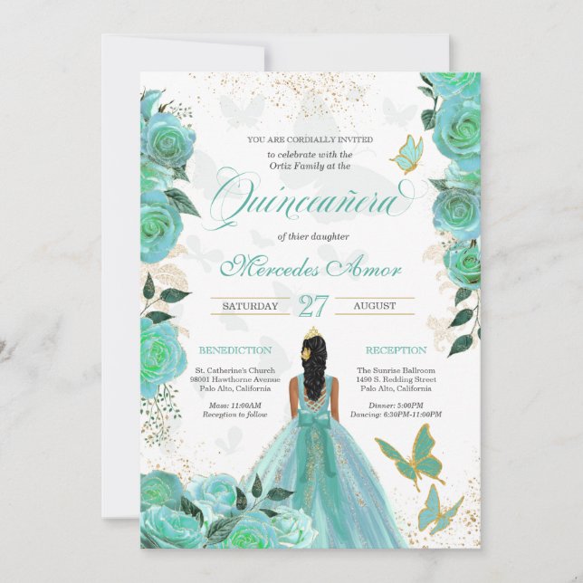 Invitation Turquoise Turquoise bleu Rose papillon Quinceanera (Devant)