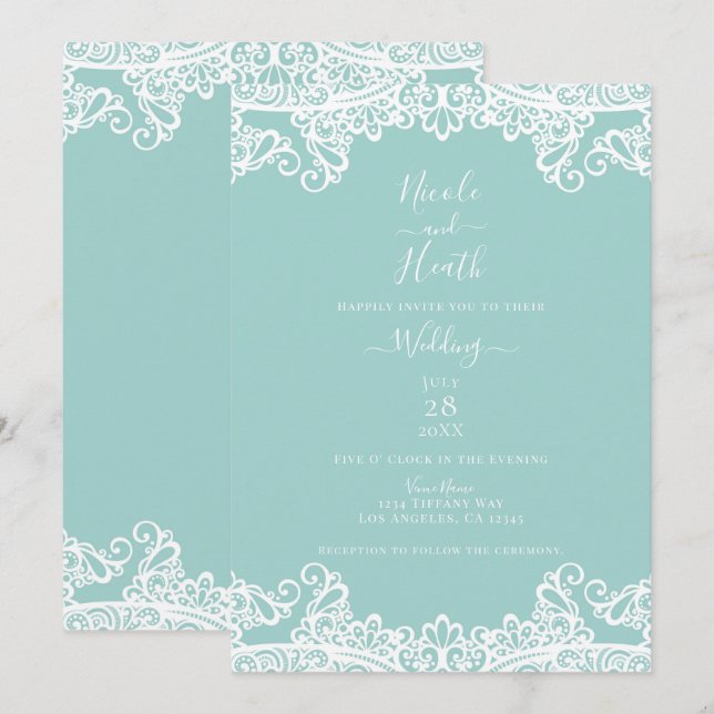 Invitation Turquoise Turquoise dentelle blanche Élégant maria (Devant / Derrière)