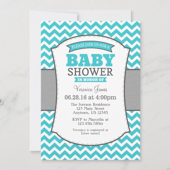 Invitation Turquoise Turquoise Gris Chevron Baby shower Invit (Devant)