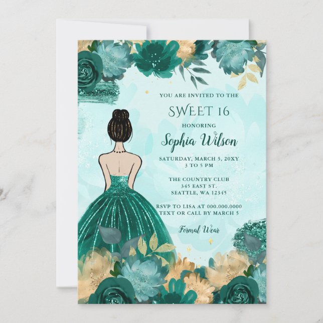 Invitation Turquoise Turquoise Or Floral Princess Sweet 16 (Devant)