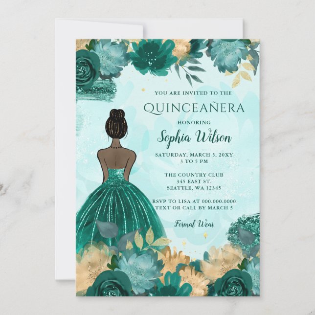Invitation Turquoise Turquoise Or Floral Princesse Quinceañer (Devant)