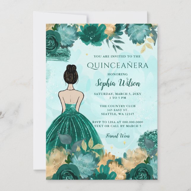 Invitation Turquoise Turquoise Or Floral Princesse Quinceañer (Devant)