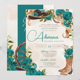 Invitation Turquoise Turquoise Quinceanera Charro Rose occide
