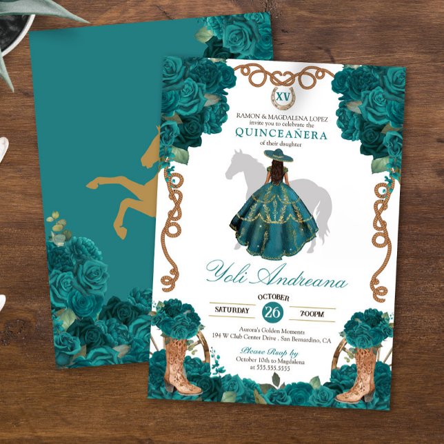 Invitation Turquoise Vert Bleu Roses Charro Vestidos Quincean (Créateur téléchargé)
