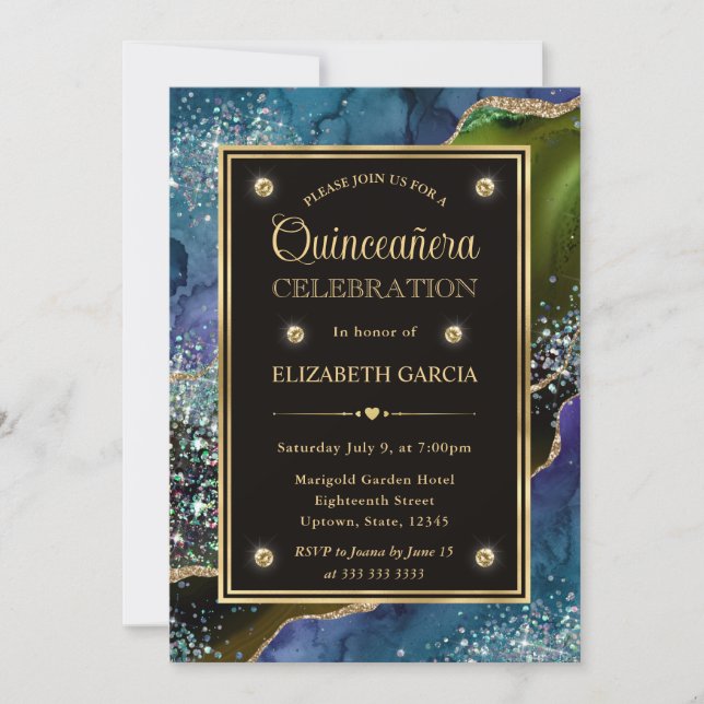 Invitation Turquoise, vert et or Parties scintillant Agate Qu (Devant)