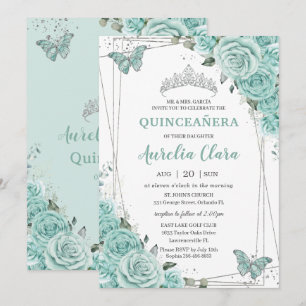 Invitation Turquoise Vert Floral Papillons Quinceanera 15