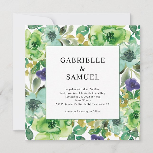 Invitation Turquoise vert pourpre Aquarelle moderne Floral (Devant)