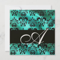 TURQUOISE VERT SOIE DAMASSÉE MONOGRAMME ,Or