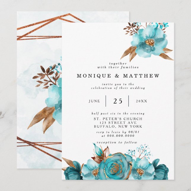 Invitation Turquoise vintage et Peony or Géométrique (Devant / Derrière)