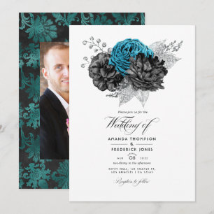 Invitation Turquoise Vintage - Floral Noir et Argent