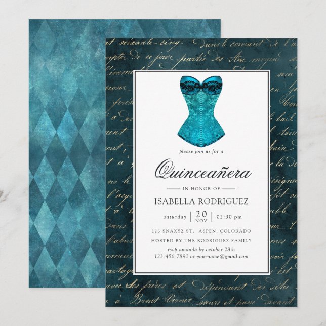 Invitation Turquoise vintage - Masquerade Turquoise Quinceañe (Devant / Derrière)